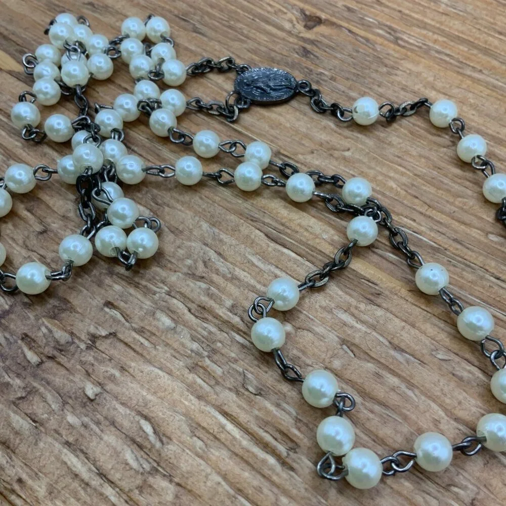 Rosary Vintage Beaded White Faux Pearl Gun Metal Cross